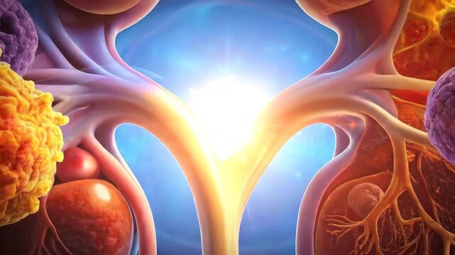 A detailed medical illustration of human kidneys with cellular structures