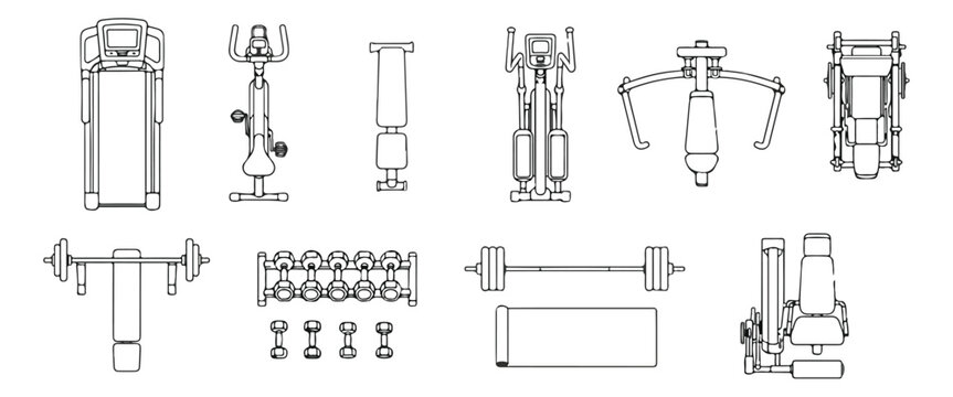 Gym equipment top view vector icons, fitness machine floor plan symbols for gym layout, black and white overhead workout station set