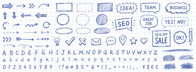 Set of hand-drawn doodle business elements, including arrows, speech bubbles, alphabet, numbers, and icons, sketched on a blue grid paper background. © Zbrake Studio