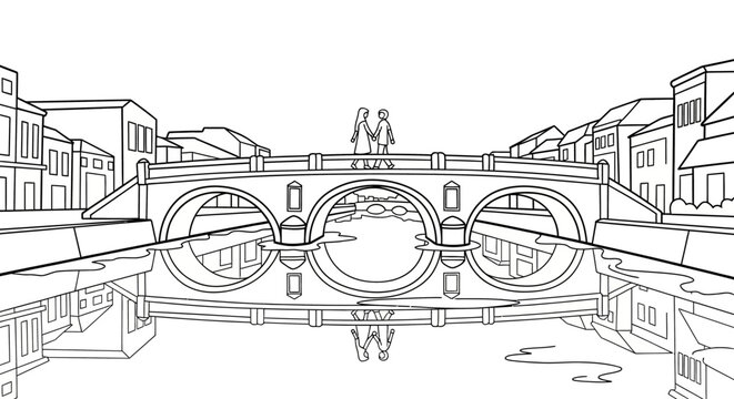 Illustrated historic triple arch stone bridge over canal.