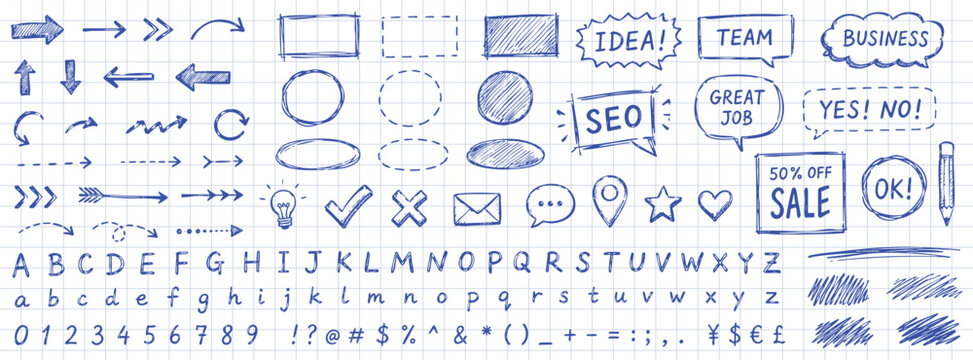 Set of hand-drawn doodle business elements, including arrows, speech bubbles, alphabet, numbers, and icons, sketched on a blue grid paper background.