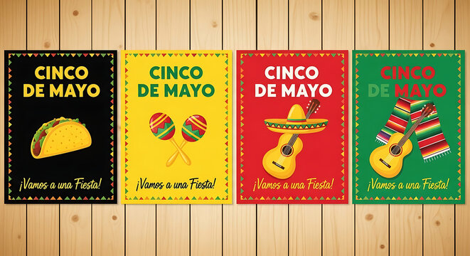 Cinco De Mayo posters with taco maracas guitar and serape 1