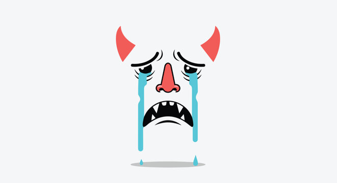 Emotional crying devil face emoji with horns and tears represents sadness, grief, and negative feelings in a simple character illustration.