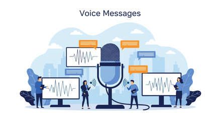 Naklejka premium Voice messages technology concept features tiny people with microphone and audio waveforms on city background.