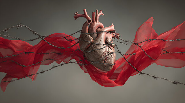 Anatomical human heart wrapped in barbed wire and red fabric isolated on transparent background
