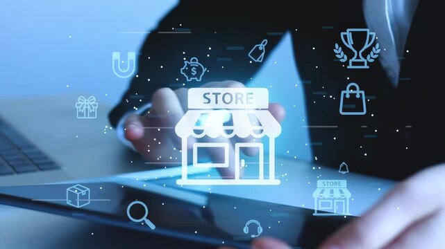Business person using technology to manage online store with digital icons on screen.
