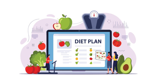 Comprehensive digital diet plan displayed on a computer screen surrounded by fresh organic vegetables, healthy fruits, and a weight scale.