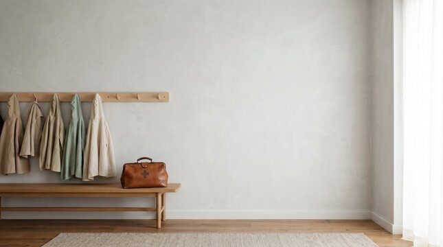 Small jackets hang on a wooden rack above a bench holding a leather medical bag. The minimalist interior evokes a sense of calm and childhood dreams. Ideal for healthcare and family life themes.