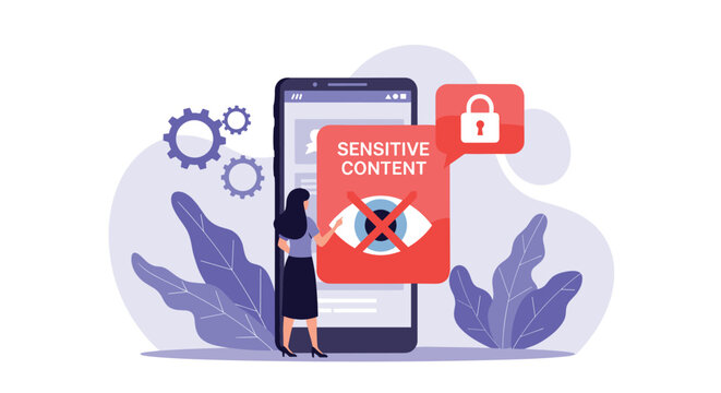 Young woman interacting with a sensitive content warning on a large smartphone screen to represent online safety and digital privacy rules.