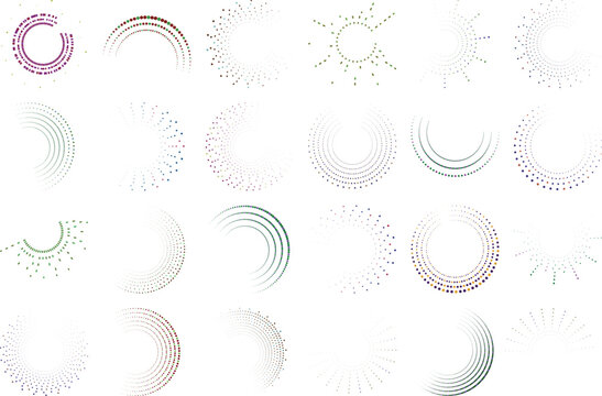 Minimalist geometric circle elements set, collection of 24 abstract dotted and dashed circular vector shapes for logo design. Modern radial halftone patterns and sunburst line art icons in soft