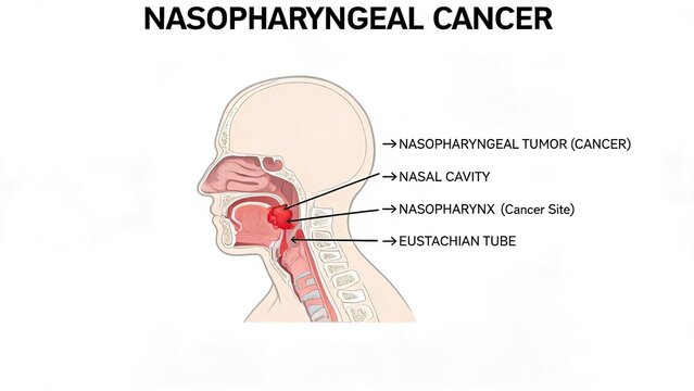 Nasopharyngeal Cancer Cross‑Section Anatomy Diagram, Labeled Medical Illustration Showing Nasopharyngeal Tumor, Nasal Cavity, Nasopharynx and Eustachian Tube, Head and Neck Oncology Educational Visual