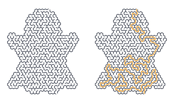 Ghost-shaped maze puzzle with highlighted path for Halloween  