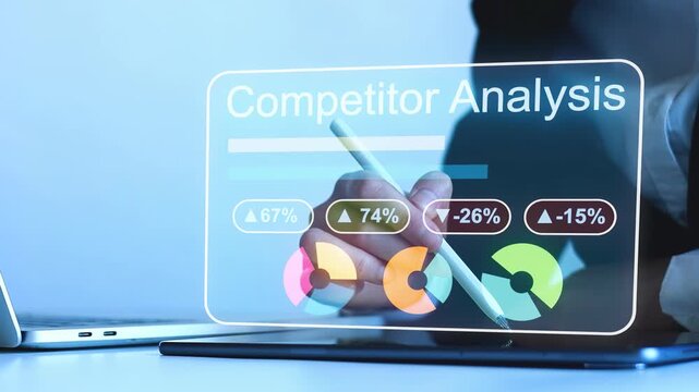 Competitor analysis showing data and statistics on a tablet during a business meeting.