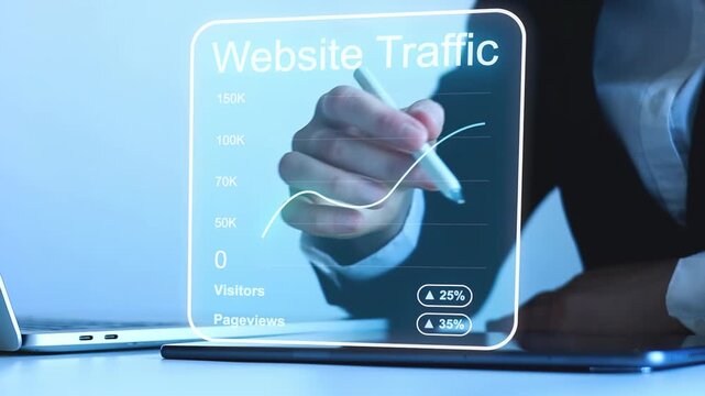 Data analysis shows website traffic changes with visitor and pageview details displayed on a screen.