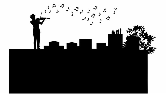 Silhouette of violinist playing on city rooftop at night with musical notes floating in the air