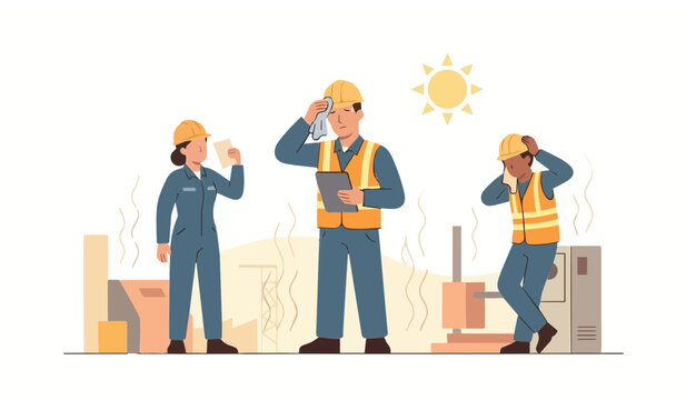 Construction workers suffering from heat stroke and hot climate at industrial factory site vector illustration