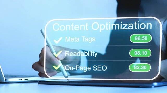 Content optimization scores showing meta tags, readability, and on-page SEO values for improving website performance.