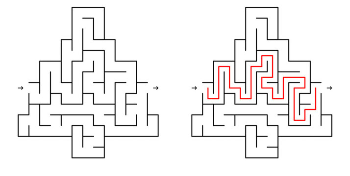 A maze puzzle in the shape of a Christmas tree with a highlighted solution path on a white background