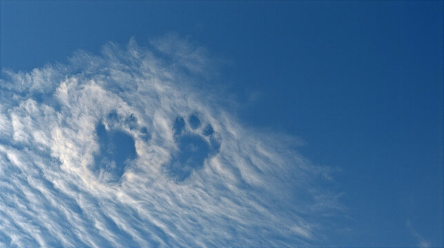 Bright blue sky with whimsical animal paw print cloud feeling serene