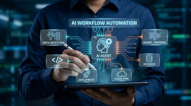 AI workflow automation concept with person using tablet and interface showing AI agent, data ingestion, model training and deployment system