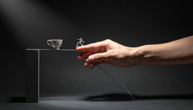 A miniature figure balances precariously on a needle tip beside a teacup, held by a human hand in a striking still-life composition.