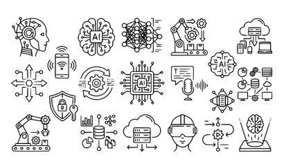 Obraz premium Black and white artificial intelligence icon set with robots neural network and future technology symbols