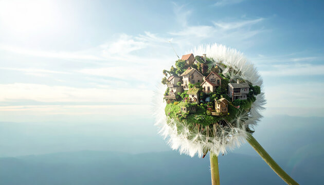 A Miniature Village of Tiny Houses Nestled Upon a Giant Floating Dandelion Seed in a Dreamlike Sky