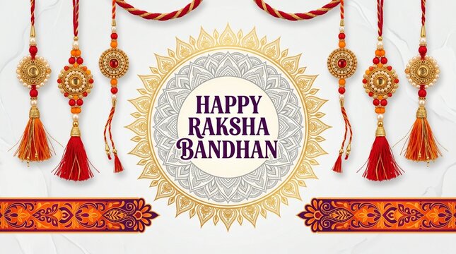 Happy Raksha Bandhan festive vector background with traditional rakhi threads, golden mandala, and elegant floral borders