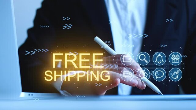 Business person signs contract with focus on free shipping technology in an office setting during daytime.