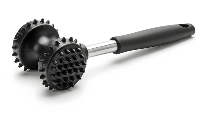 Black meat tenderizer mallet with metal handle isolated on white.