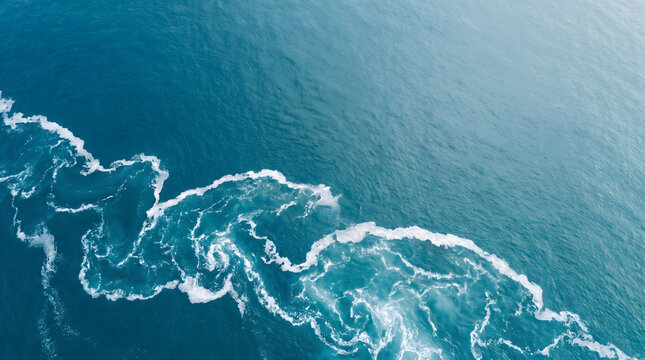 Abstract aerial view of swirling ocean currents creating a beautiful natural pattern in vibrant deep blue waters, evoking a sense of powerful movement and calm serenity