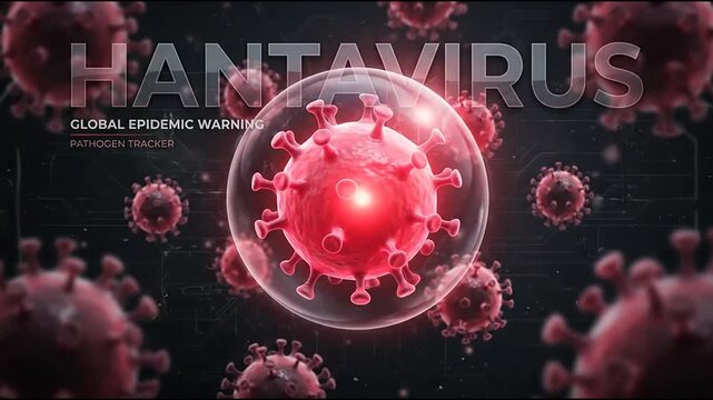 Hantavirus pathogen cells viewed through a spherical lab interface.