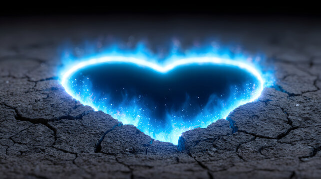 Glowing heart crack dry ground blue light abstract energy fissure forms luminous cavity within parched earth, symbolizing love, hope, and fragile environment with dramatic contrast and texture