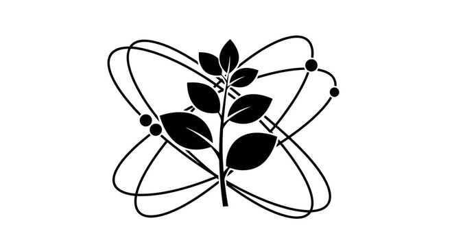 Abstract atomic structure with plant, science and nature fusion, minimalist black and white illustration