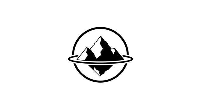 Minimalist black and white circular logo featuring a stylized mountain range and orbiting ring