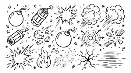 Obraz premium Various hand-drawn explosion elements, including bombs, dynamite, smoke clouds, and shattered debris, rendered in a dynamic doodle style on a white background