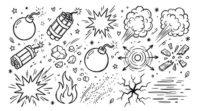 Various hand-drawn explosion elements, including bombs, dynamite, smoke clouds, and shattered debris, rendered in a dynamic doodle style on a white background