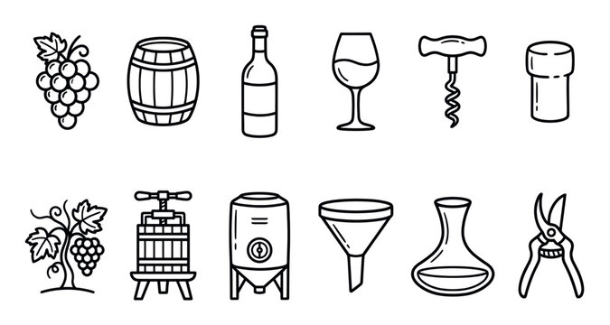 Collection of black outline wine-making icons, including grapes, barrels, bottles, and tools, presented on a clean white background