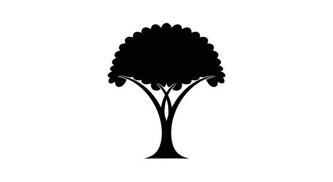 Silhouette of a large, leafy tree with a full canopy and sturdy trunk, isolated on a white background