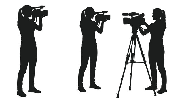 Silhouette of female videographers operating cameras black vector illustration on white background