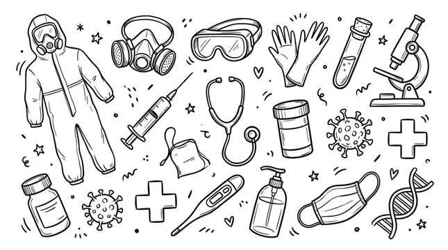 Various hand-drawn medical and protective equipment doodles, including masks, gloves, and a hazmat suit, on a clean white background