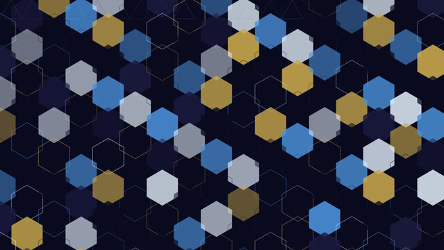 A vibrant array of scattered hexagonal shapes in white blue and gold creating a dynamic geometric pattern.