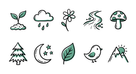 Obraz premium Collection of ten simple nature-themed doodle icons with green accents, including plants, weather, and wildlife, on a clean white background