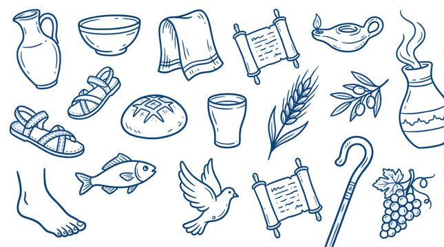 Various hand-drawn biblical symbols including sandals, bread, fish, scrolls, and a dove, rendered in a simple blue outline style on a white background