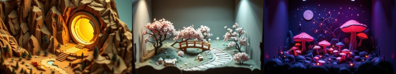 Obraz premium Three miniature dioramas depict fantasy landscapes. Cave entrance, cherry blossom path, glowing mushroom forest. Detailed models, dramatic lighting.