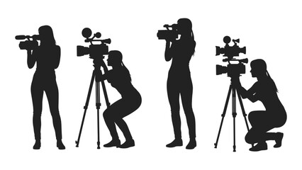 Camera operator silhouettes depicting various shooting positions black on white background silhouette © MDSAEEM