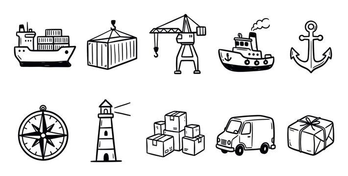 Collection of hand-drawn black and white doodle icons representing various shipping and logistics elements on a clean white background
