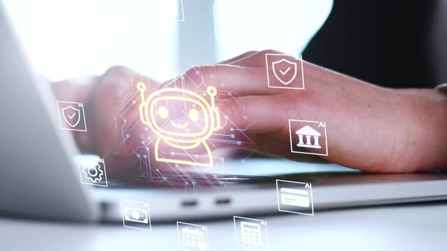 Hands typing on a laptop with a digital robot icon and various technology symbols in a bright workspace setting.
