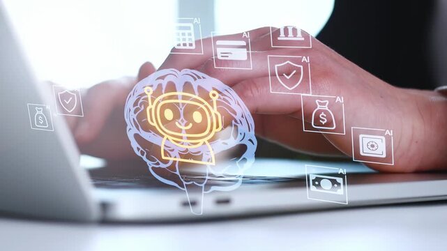 Hands work on a laptop while artificial intelligence icons appear above a visual of a brain during a modern technology session.