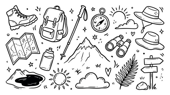 Various hand-drawn doodle style hiking and camping equipment elements are scattered across a clean white background, creating a playful outdoor adventure pattern